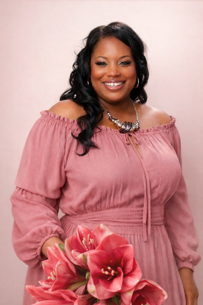 Stephanie Bonner holding flowers in a pink dress